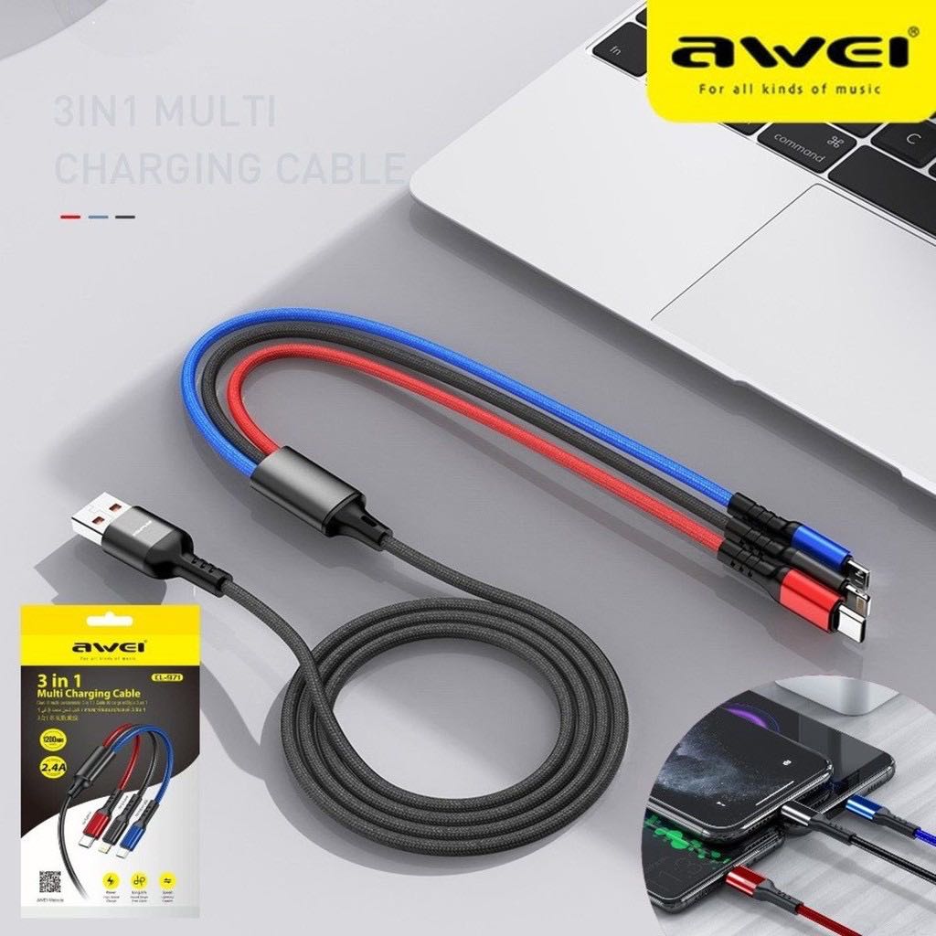 3 Σε 1 USB Καλώδιο Φόρτισης Type-c, Lightning, microUSB - AWEI 3 in 1 Fast Charge Cable 2.4A